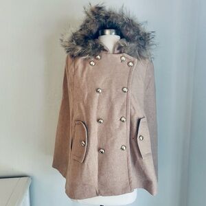 Tan Double Breasted Faux Fur Hooded Cape, Size L (Juniors)